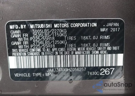 2017 Mitsubishi Outlander Gt from USA, damaged, VIN JA4JZ4AX9HZ056257